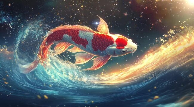 koi fish that jump to the surface of the water with wavy water. Seamless looping time-lapse virtual 4k video animation background