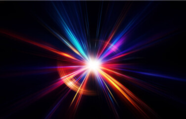 Abstract illustration featuring a burst of light, radiating outward from a central point in a dark background.  The light appears to be moving at a fast speed.