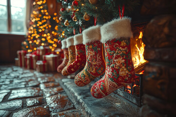 Children hanging stockings by the fireplace, awaiting gifts from Santa Claus, representing another popular tradition associated with Mikolaj Concept of holiday stockings.