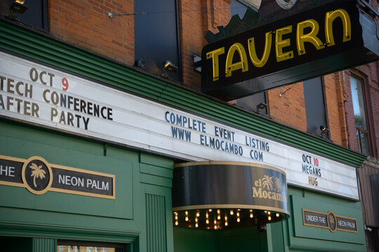 exterior building facade and marquee sign of El Mocambo, a historic live music venue, located at 464 Spadina Avenue in Toronto, Canada