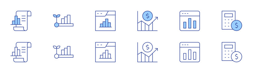 Statistics icon set in two styles, Duotone and Thin Line style. Editable stroke. grow, bar chart, calculator, analytics, development, statistics
