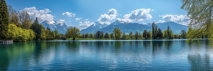 Fototapeta premium Experience the serene beauty of a spring day at a tranquil Swiss lake, framed by stunning mountains and vibrant greenery. Generative AI
