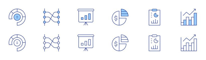 Statistics icon set in two styles, Duotone and Thin Line style. Editable stroke. pie chart, relation, report, statistics