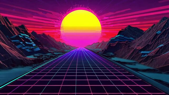 Retro futuristic landscape with a glowing road leading to a large sun in the distance.