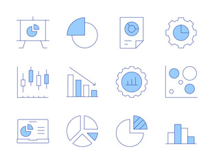 Statistics icons. Line Duotone style, editable stroke. gear, graph, graphic, heat, loss, pie chart, presentation, program, statistics