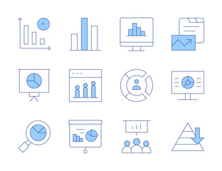 Statistics icons. Line Duotone style, editable stroke. presentation, statistics, search, decrease, demographic, maslow pyramid, analytics, bar chart, chart