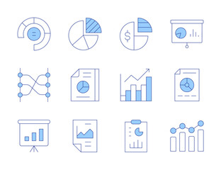Statistics icons. Line Duotone style, editable stroke. presentation, report, statistics, pie graphic, pie chart, relation