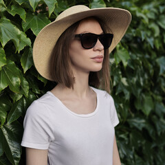 Portrait of a girl wearing a hat and sunglasses against a background of green leaves.