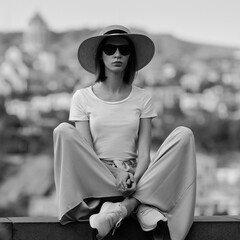 A young girl dressed in wide trousers and a hat walks through the old city.