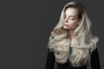 Naklejka premium Beautiful young woman. Gorgeous blonde hair. Gray background.