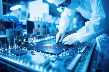 Obraz premium Scientist wearing full protection coat developing microchip at semiconductor factory laboratory