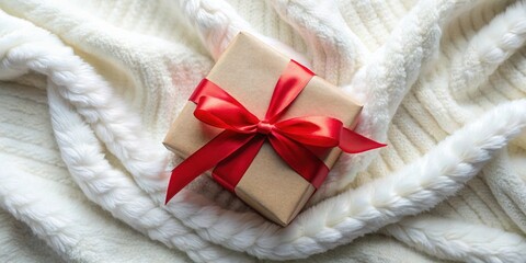 A single gift box with a red ribbon, wrapped in brown paper, rests on a white fluffy surface, creating a cozy and festive atmosphere.