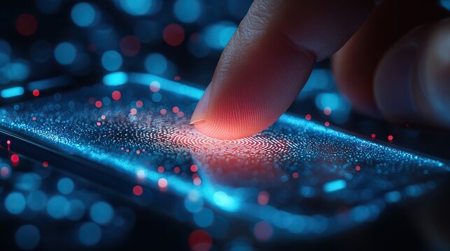 A fingertip touches a smartphone screen, unlocking the device using biometric fingerprint technology, representing modern security measures.
