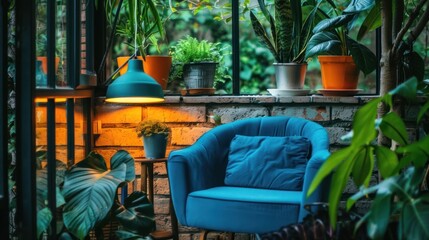 Naklejka premium A Blue Armchair in a Greenhouse with Plants and a Pendant Lamp
