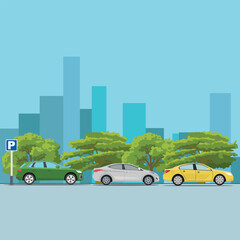Vector illustration of car parking area in cartoon flat style. Car parking with parking symbol. Vehicle stop in city area with tree and blue background building. 