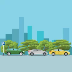Fotobehang Vector illustration of car parking area in cartoon flat style. Car parking with parking symbol. Vehicle stop in city area with tree and blue background building.  © Kidung Paripurna