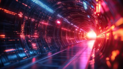 Fototapeta premium A futuristic abstract background with lines for network and data center technologies, featuring neon lights leading into a digital technology tunnel.
