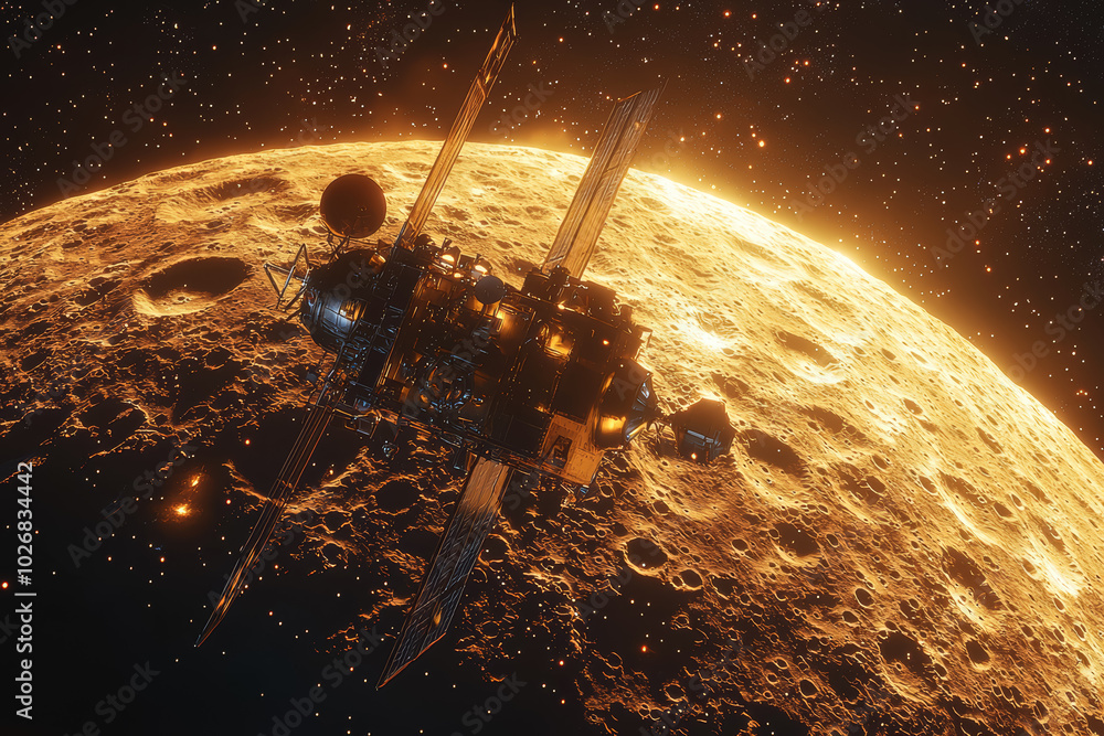 Poster a space probe sending back images from a distant moon, showcasing the importance of unmanned space m