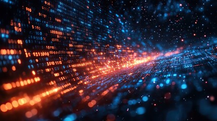 Obraz premium A futuristic backdrop showcases data flow in digital networks, combining binary code, cloud, and blockchain technology.