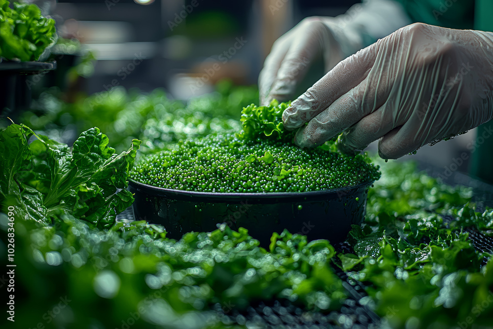 Poster a scientist experimenting with algae as a new food source, highlighting the search for alternative s