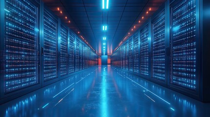 Obraz premium A futuristic big data center combines cloud services and AI technology, illustrating the digitalization of information and advanced data management.