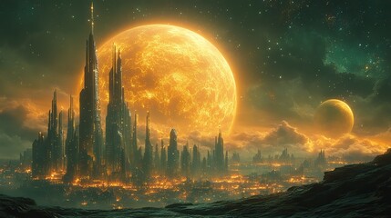 A futuristic city illustration featuring alien technology, with metallic structures and glowing lights on a distant planet.