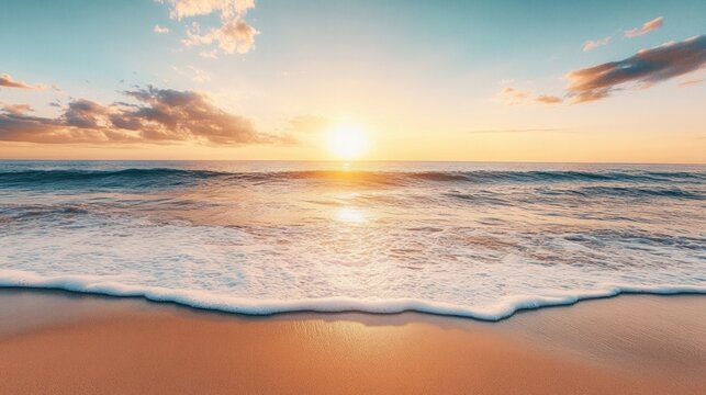 tranquil beach at sunrise, where the golden rays of the sun dance on the ocean waves.