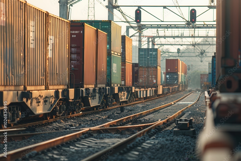 Poster a freight train is being loaded with containers at a railway station, showcasing the bustling activi