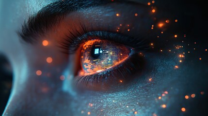 A futuristic concept featuring a woman's eye display in cyberspace, emphasizing digital vision systems and advanced technology.