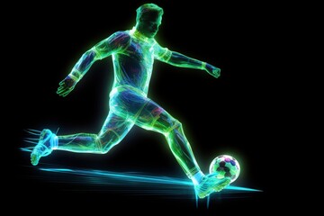 Soccer player kicking the ball, hologram effect on white background