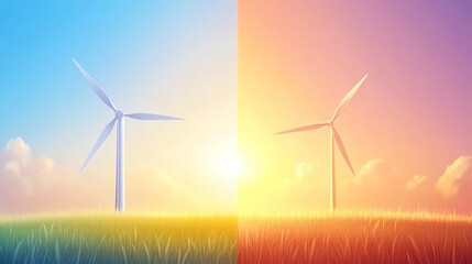 Fototapeta premium Wind turbines in morning and evening light