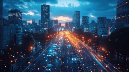 Fototapeta premium A futuristic depiction of a modern city with smart transportation, featuring wireless connections and intelligent communication networks.