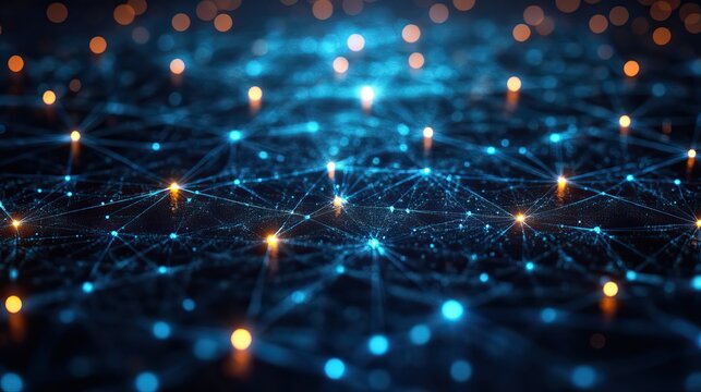 A futuristic connectivity concept with blue and green network lines forming a technical grid, representing a high-tech environment.