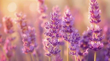Obraz premium Capture a close-up view of the lavender flowers in full bloom, ensuring the purple hues are vivid and rich, 