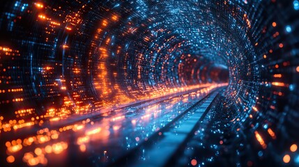 Obraz premium A futuristic digital tunnel with glowing blue and orange lights, depicting streams of digital data in an abstract space.