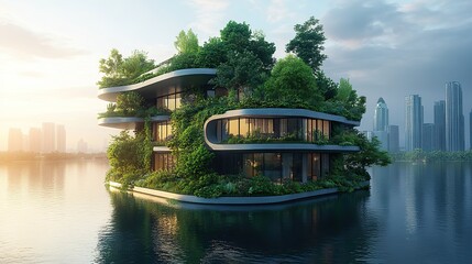 A futuristic eco-cityscape adorned with greenery, skyscrapers, parks, and urban green spaces, reflecting a harmonious blend of nature and technology in digital art.