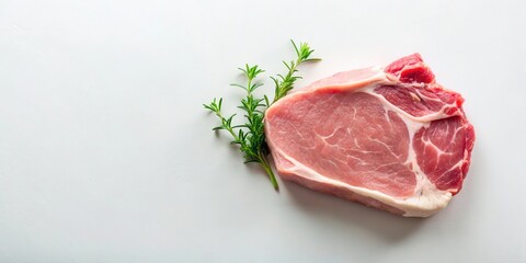 A single raw pork chop with a sprig of rosemary, ready to be grilled or pan-fried, on a white background.