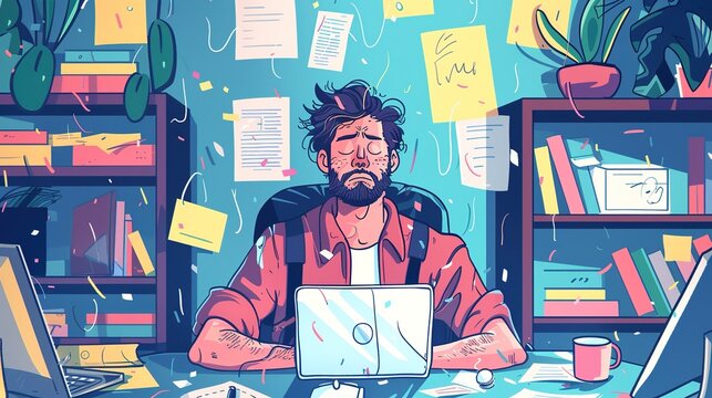 Chaotic UX designer  juggling multiple tasks at once, showcasing the challenges of managing parallel design projects. A scene that highlights multitasking, stress, and creativity in the fast-paced