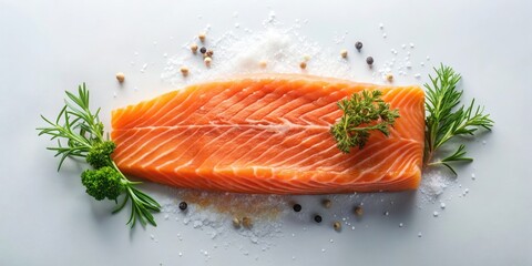 A fresh salmon fillet, garnished with parsley and rosemary, seasoned with salt and pepper, ready to be cooked into a delicious meal.
