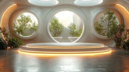 A futuristic mech-style white podium designed for technology product displays, showcasing advertising potential in a modern digital setting.