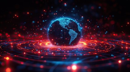 Obraz premium A futuristic style 3D illustration of Earth with data and AI networks, depicting global internet and cyber technology.