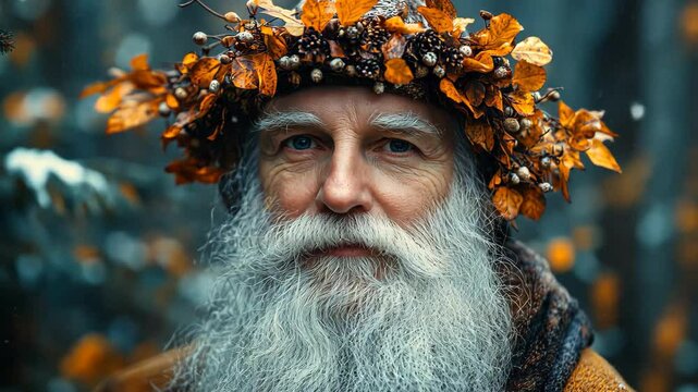 Mystical wise elder man with marigold flower crown and long white beard, enchanted autumn sage