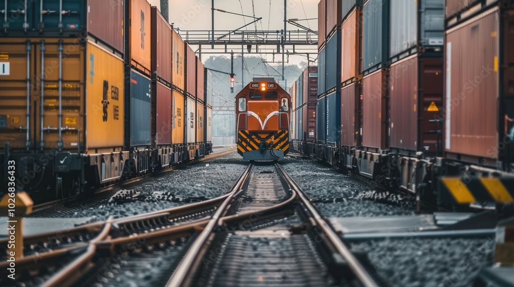Aufkleber a freight train is loading various colorful containers at a bustling railway station in the early mo
