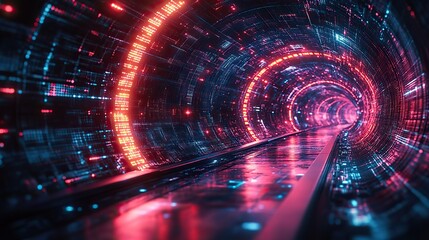 Fototapeta premium A futuristic technology background featuring lines for network connections, big data, and digital speed, depicted with neon lights in a tech tunnel.