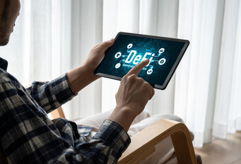 Decentralized finance or DeFi concept on modish computer screen . The defi system give new choice of investment and money saving .