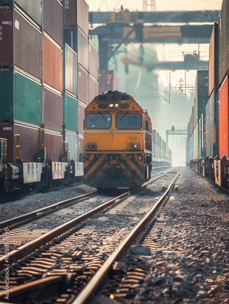 Poster a freight train is being loaded with shipping containers at a busy railway station in the early morn