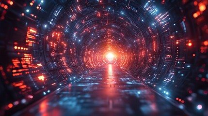Obraz premium A futuristic tunnel in the metaverse featuring polygonal shapes and circuit boards, evoking a sense of digital immersion.