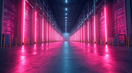 Fototapeta premium A futuristic warehouse technology concept with a neon background, illustrating advanced computer graphics design for warehouse management.