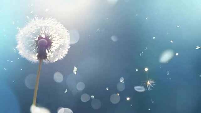 A delicate dandelion with seeds blowing away into the air, illuminated by soft sunlight against a dreamy blue background. The floating seeds create a sense of movement and lightness.
