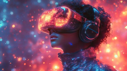 Naklejka premium A generative AI image of a boy exploring cyberspace with VR goggles and headphones, set against a glowing background.